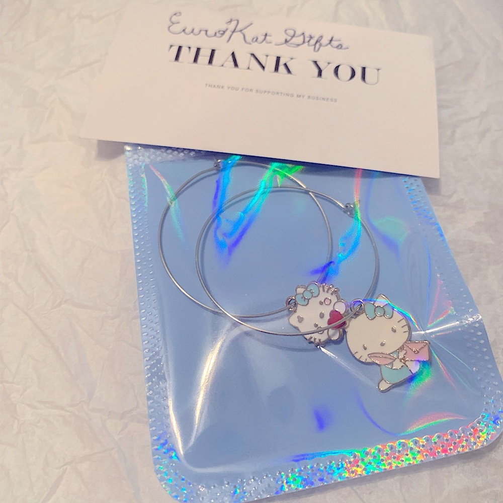HELLO KITTY Silver Medium Hoop Earrings mis match style Enamel kitty charms NEW